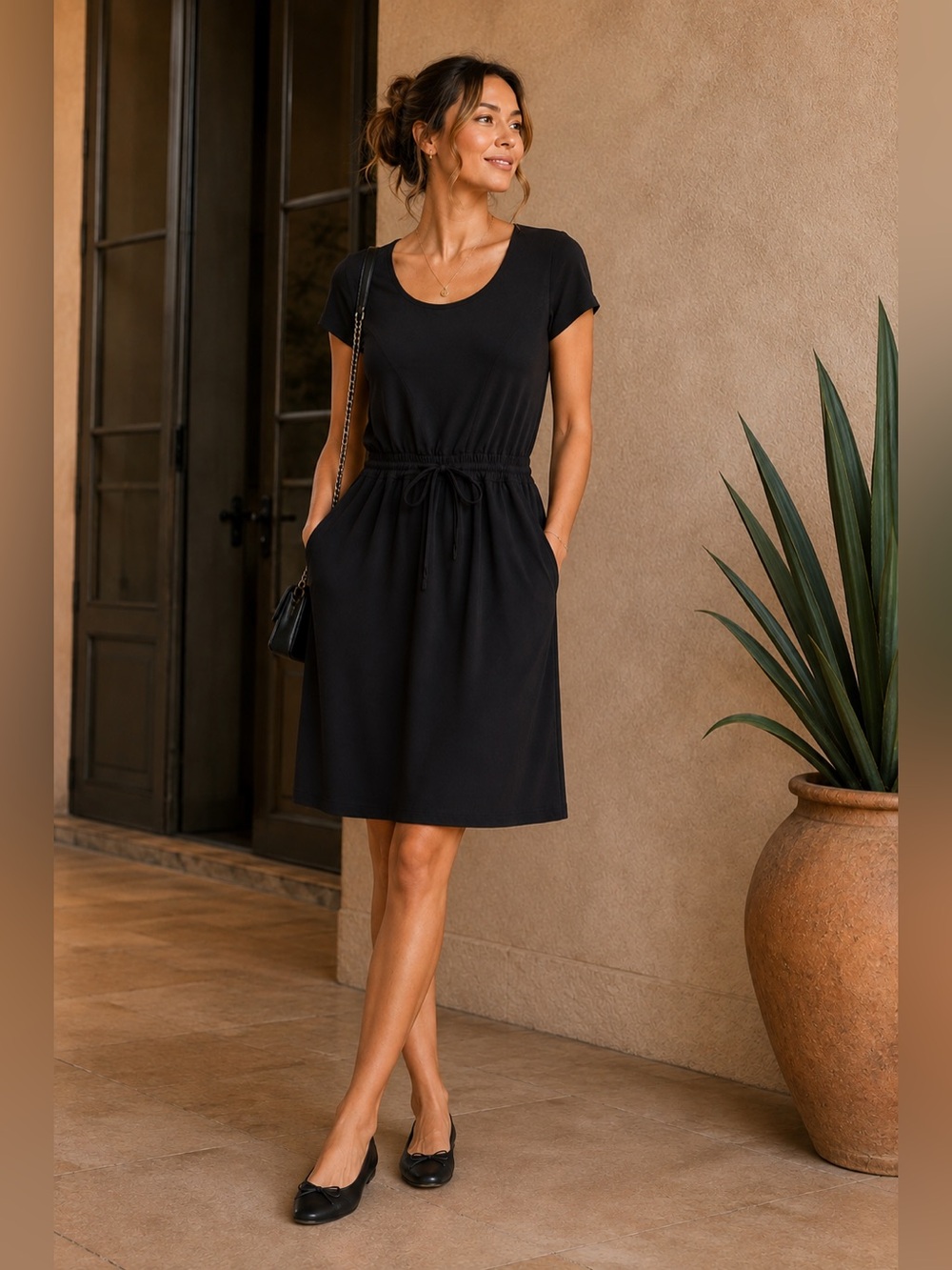 Everyday Black Short-Sleeve Drawstring Waist Dress